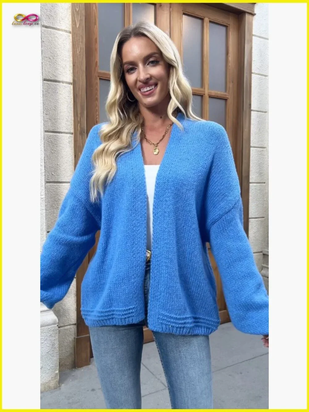 Chunky Knit Open Front Cardigan Long Lantern Sleeve Oversized Casual Fall Coat - Picture 6 of 7